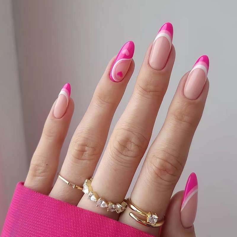 Pink French Heart Almond Nails