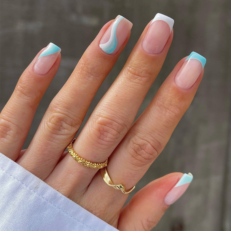 White Blue French Square Nails