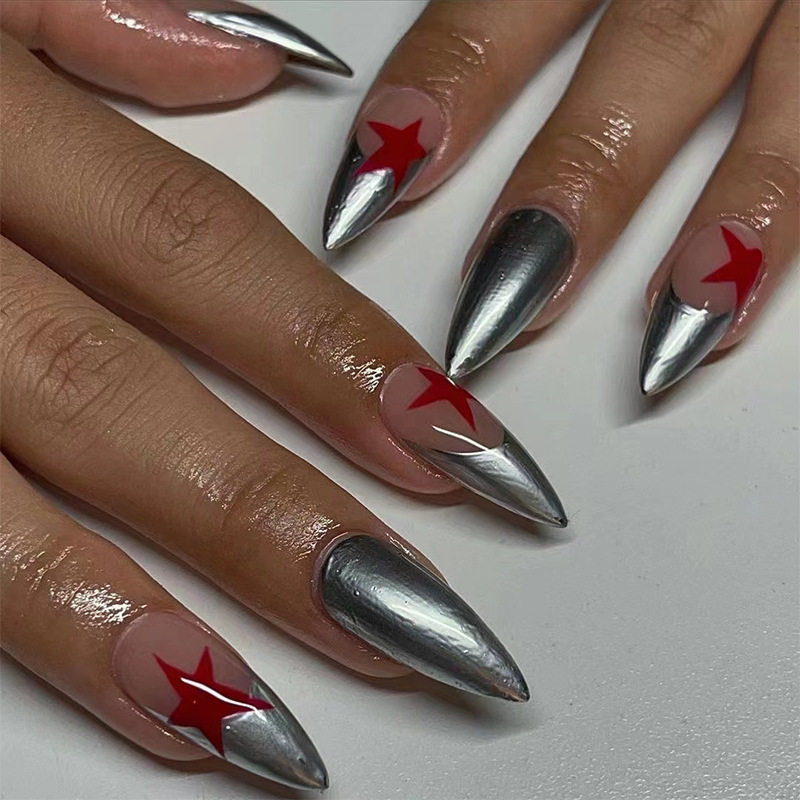 Metal Silver Red Star Almond Nail