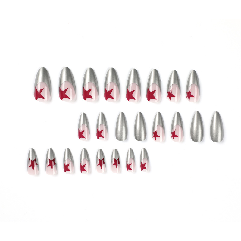 Metal Silver Red Star Almond Nail