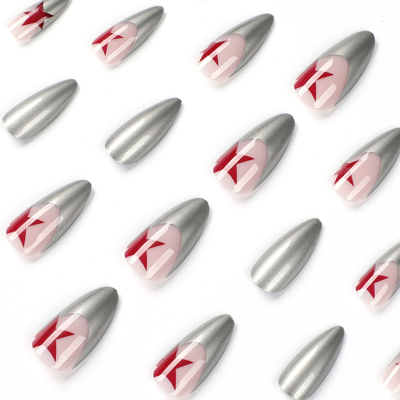 Metal Silver Red Star Almond Nail