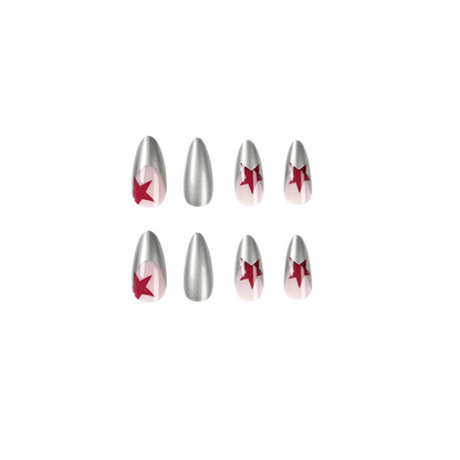 Metal Silver Red Star Almond Nail