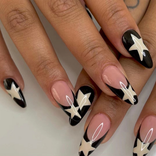 Milky Star Black French Almond Nails