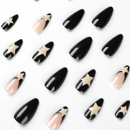 Milky Star Black French Almond Nails