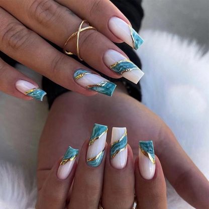 Green Marble Gold Lines Conffin Nails