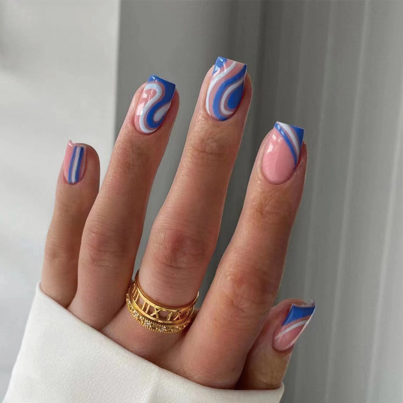 Blue Waves French Tip Square Short Nails