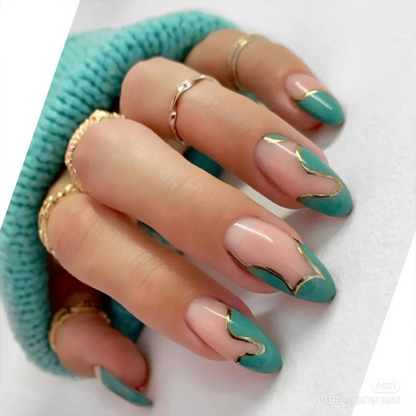 Green Gold lines Oval Nails