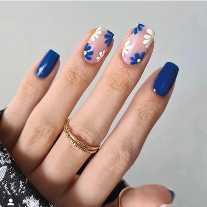 Blue White Flower Nails