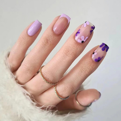 Purple Flower French Tip Short Nails