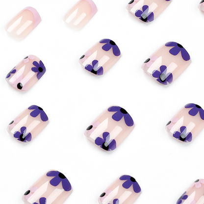 Purple Flower French Tip Short Nails