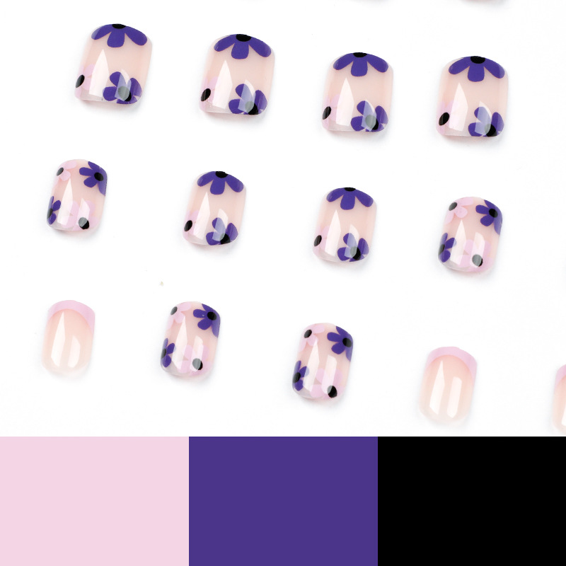 Purple Flower French Tip Short Nails