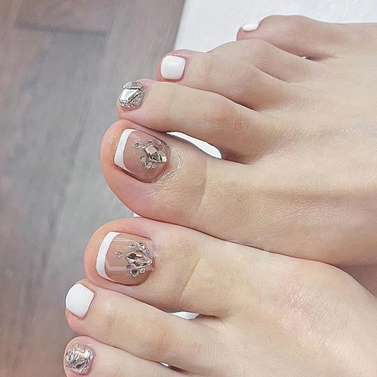 Rhinestone White French Tip Toenail