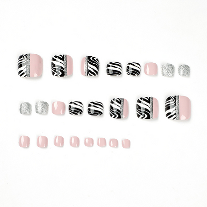 Glitter White Black Lines Pink Toe Nails