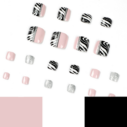 Glitter White Black Lines Pink Toe Nails