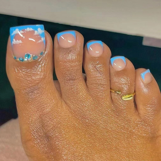 Rhinestone Cloud Blue French Tip Toe Nails