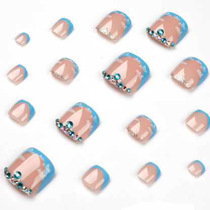 Rhinestone Cloud Blue French Tip Toe Nails