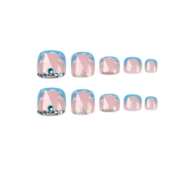 Rhinestone Cloud Blue French Tip Toe Nails