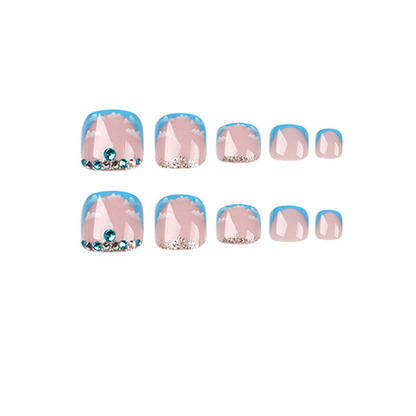 Rhinestone Cloud Blue French Tip Toe Nails