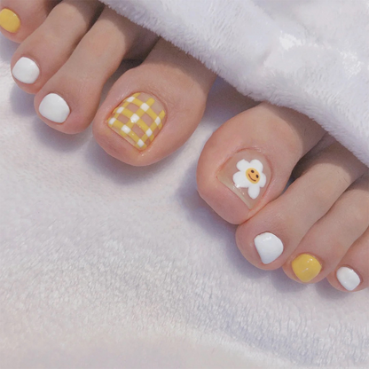 Flower Yellow Plaid Toe Nails