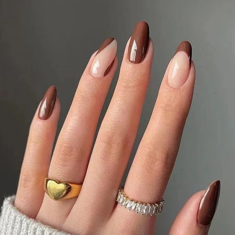 Brown French Tip Oval Nails