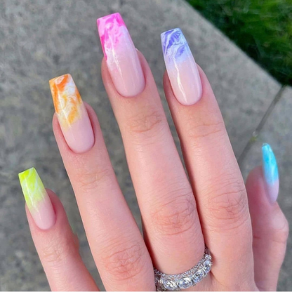 Rainbow Ombre Long Coffin Nails