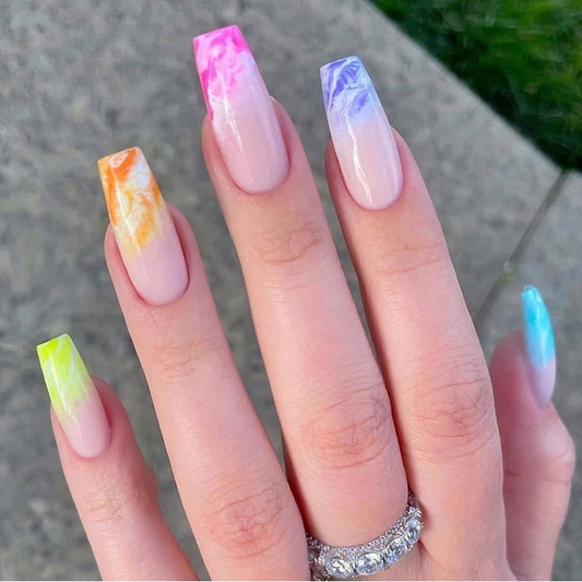 Rainbow Ombre Long Coffin Nails