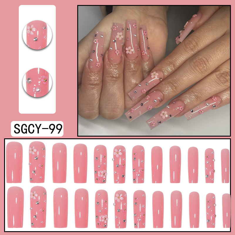 Pink Flower Rhinestone Pearl Long Nails