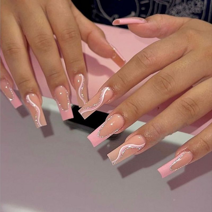 Glitter French Tip Pink Long Nails