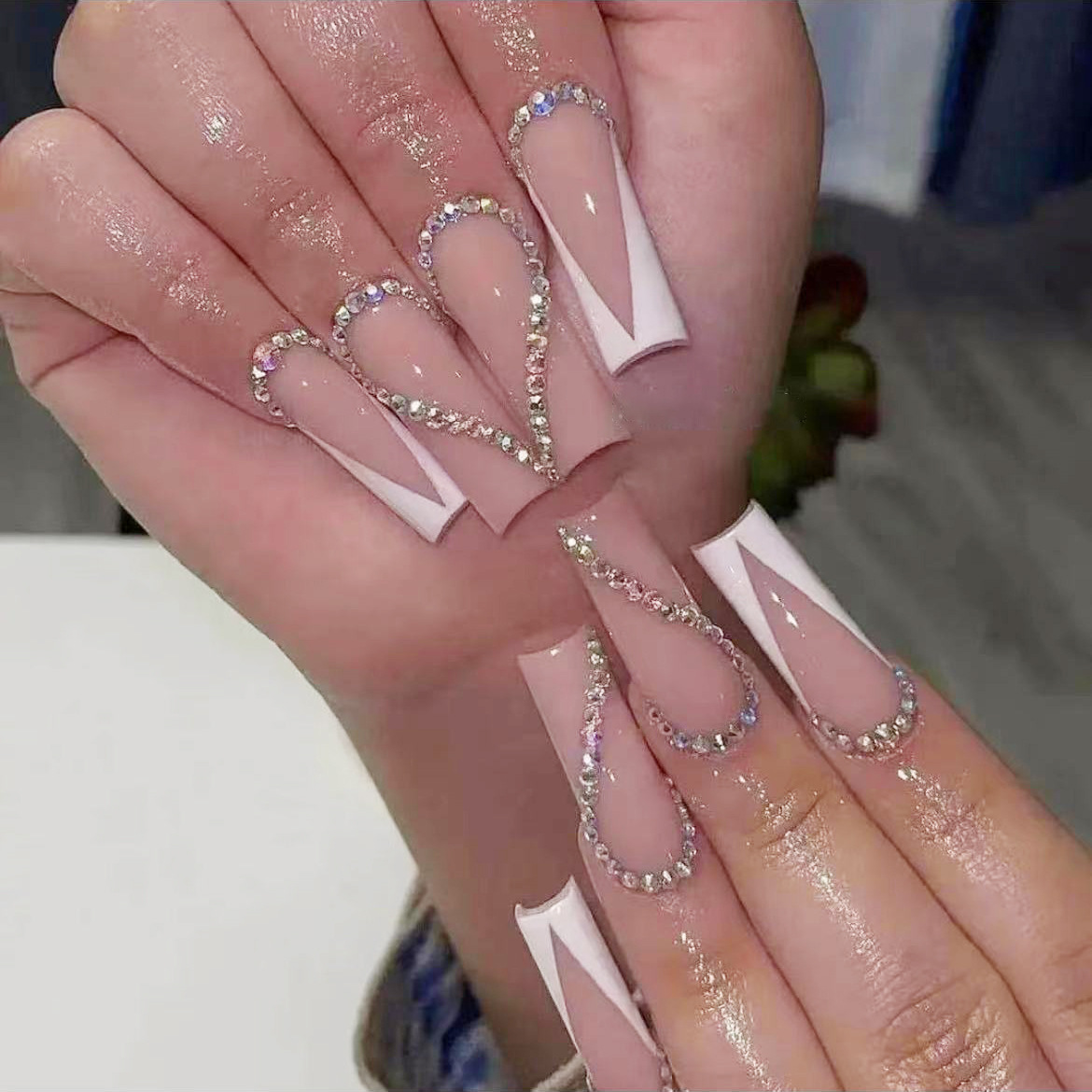 Rhinestones French Tip Pink Coffin Nails