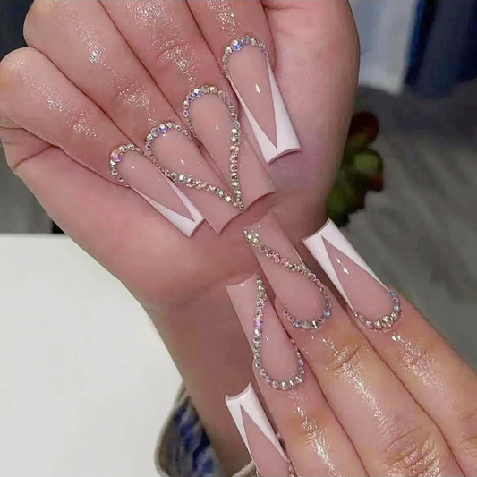 Rhinestones French Tip Pink Coffin Nails