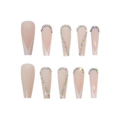 Rhinestones French Tip Pink Coffin Nails