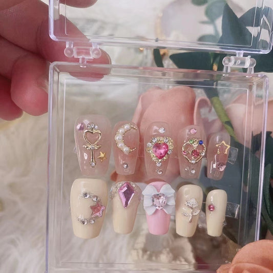 #BL59 Handmade Press On Nails Precious Hearts