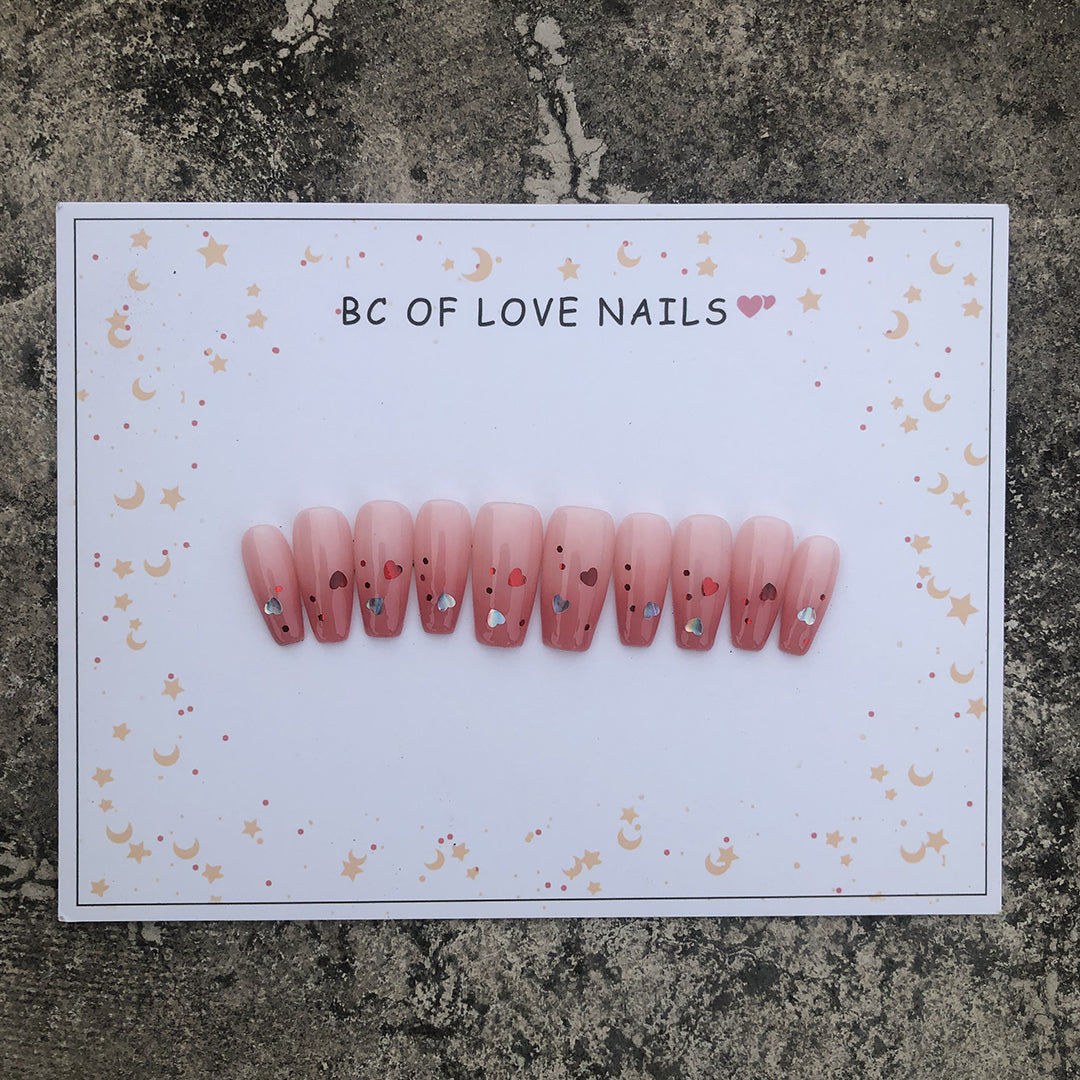 #BL81 Handmade Press On Nails Precious Hearts Long